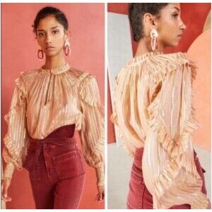 Ulla Johnson Lucinda rose gold ruffled metallic silk sheer blouse Size 0